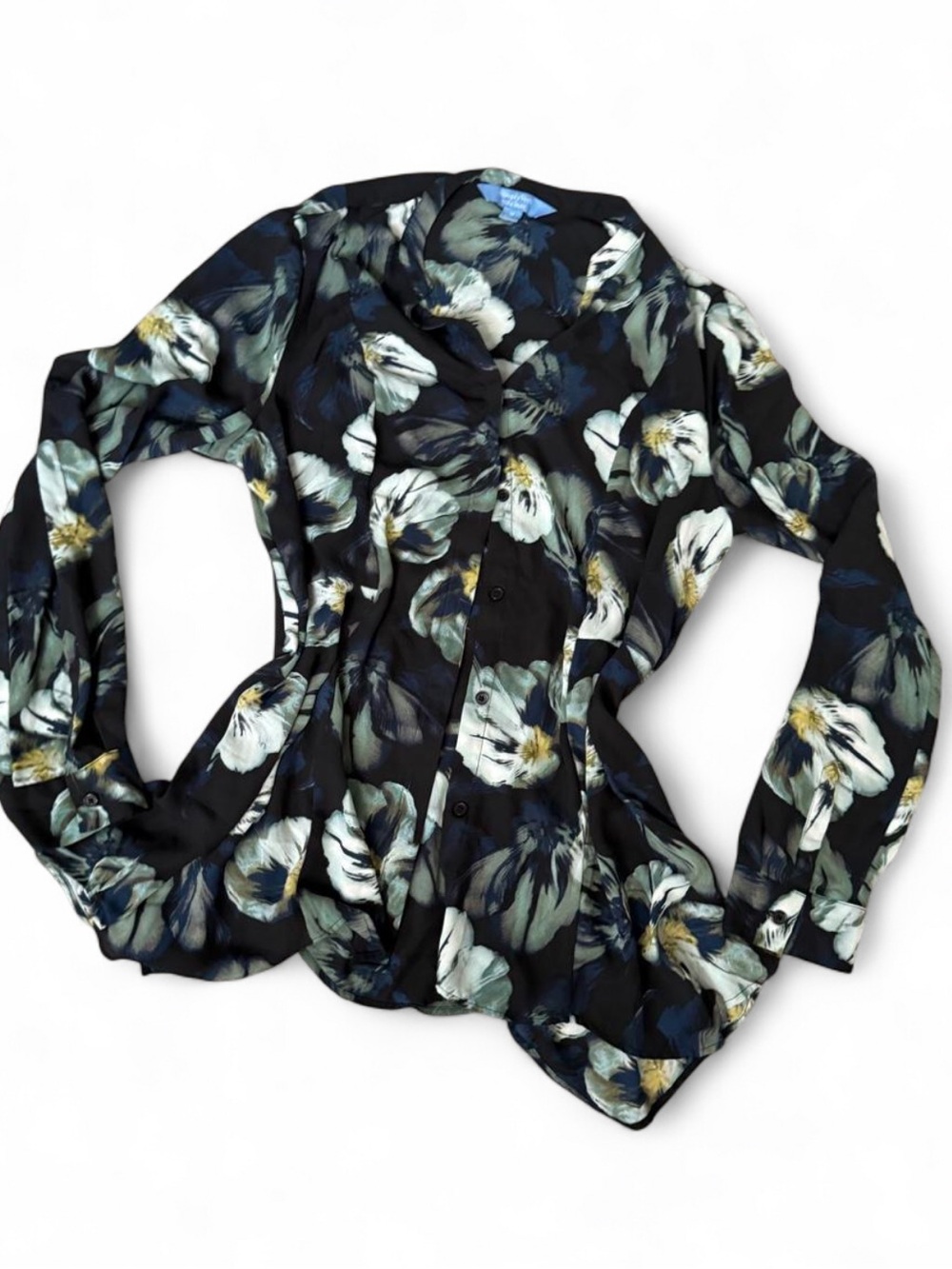 Vera Wang Womens Black Floral Button-Front Blouse